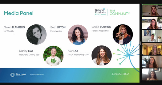Screenshot of media panel from Natural Producs Expo featuring headshots of all the panel judges.